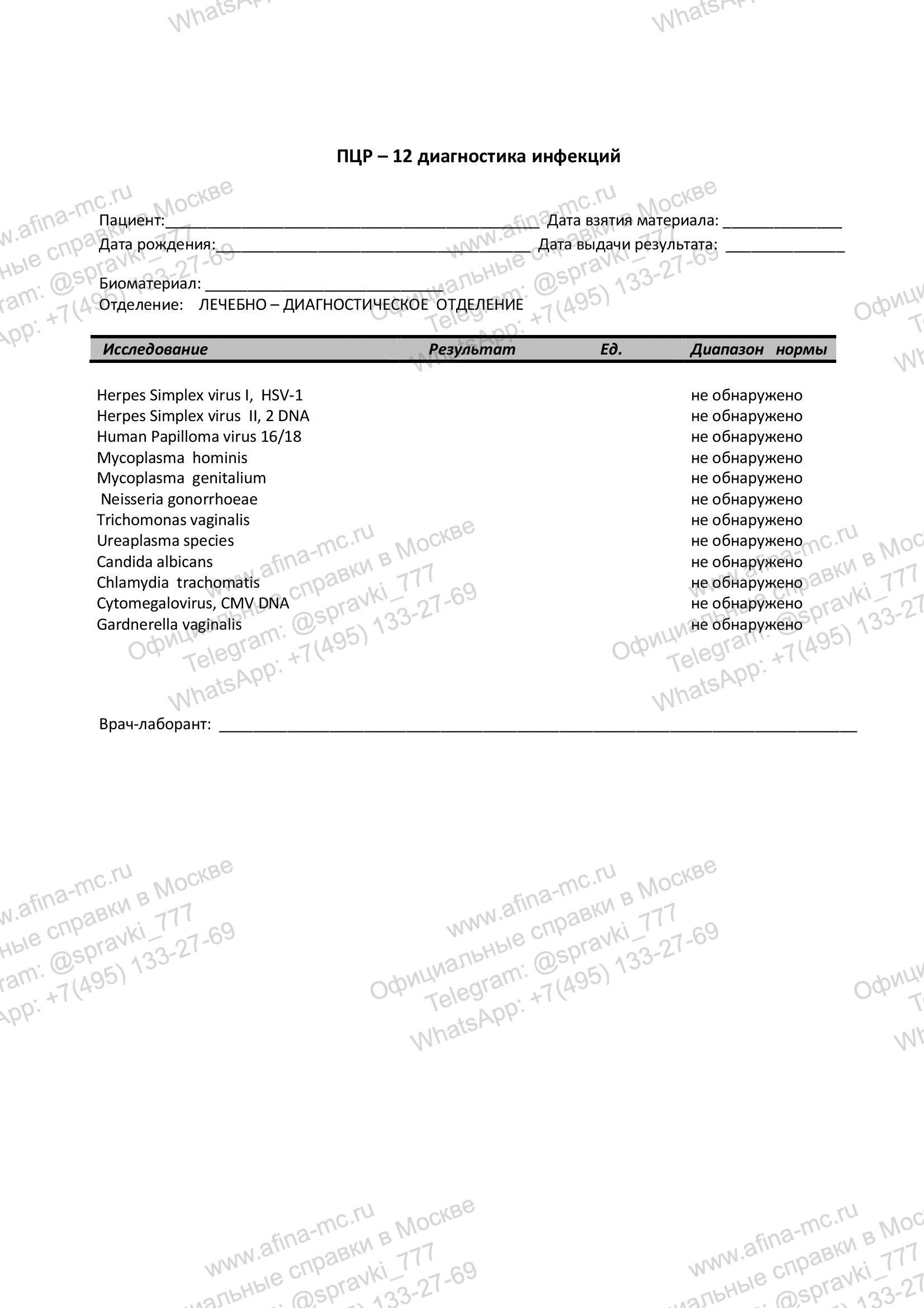 Справка об анализе на инфекции ЗППП или ИППП