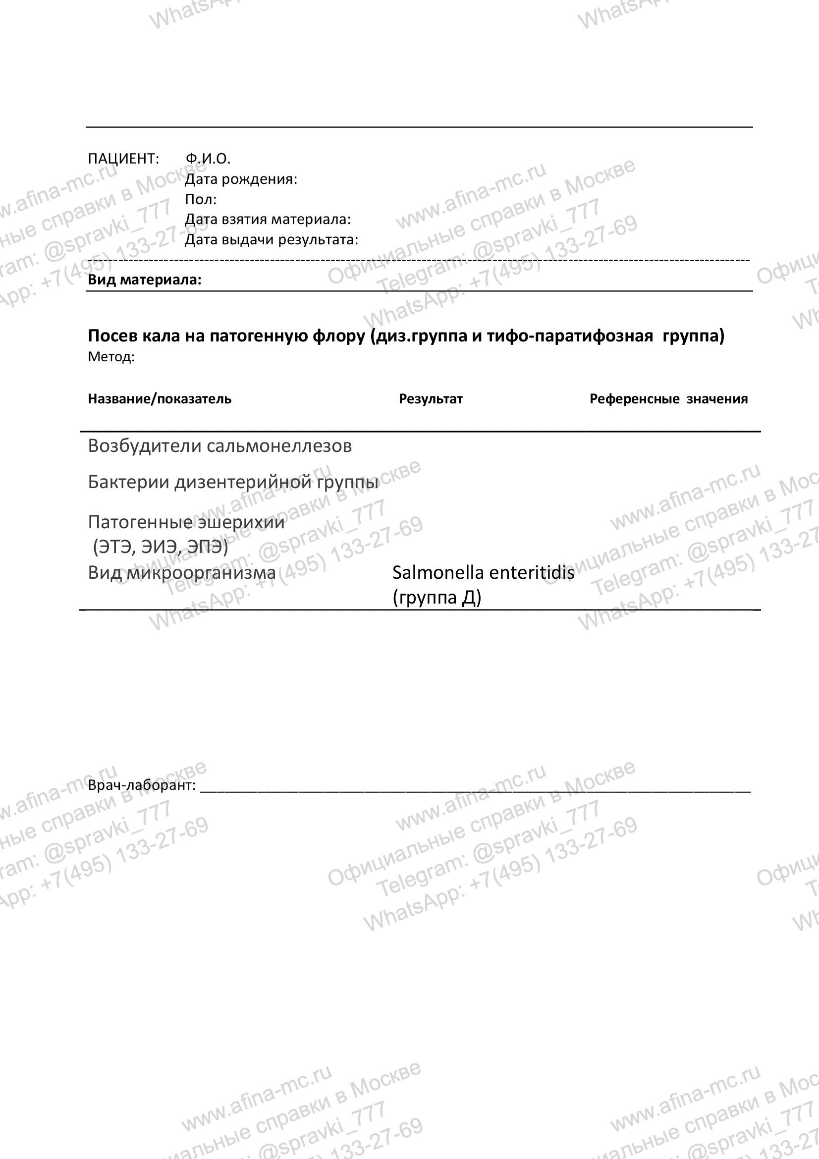 Справка об анализе на кишечную группу